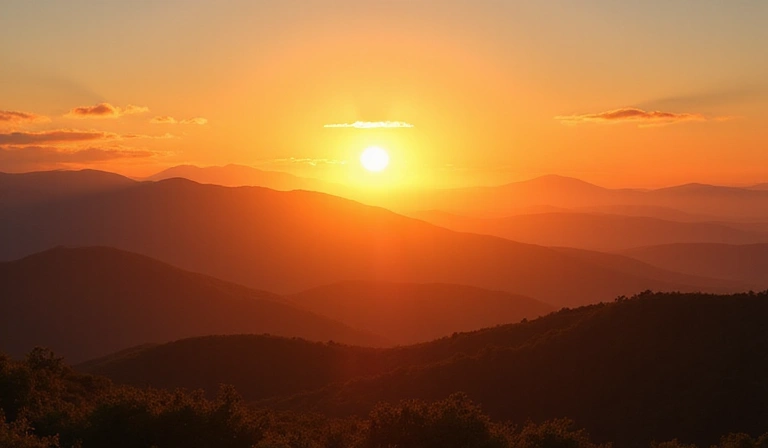 A serene landscape with a rising sun, symbolizing new beginnings and natural energy.