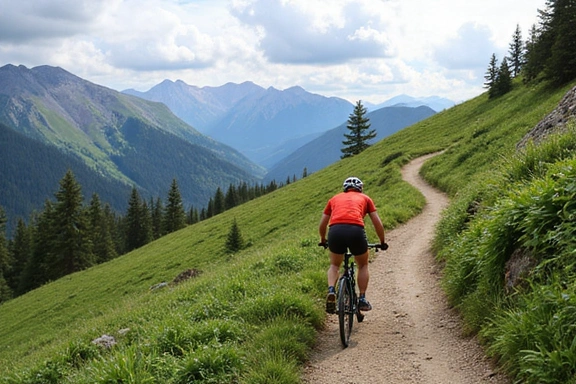 Image of a cyclist on a mountain trail, conveying adventure and peak physical condition