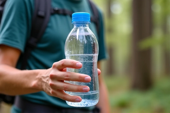 Image of hands holding a water bottle during a hike, emphasizing hydration and outdoor activity