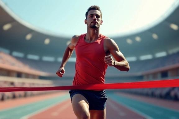 Image of a runner crossing the finish line, determined and strong