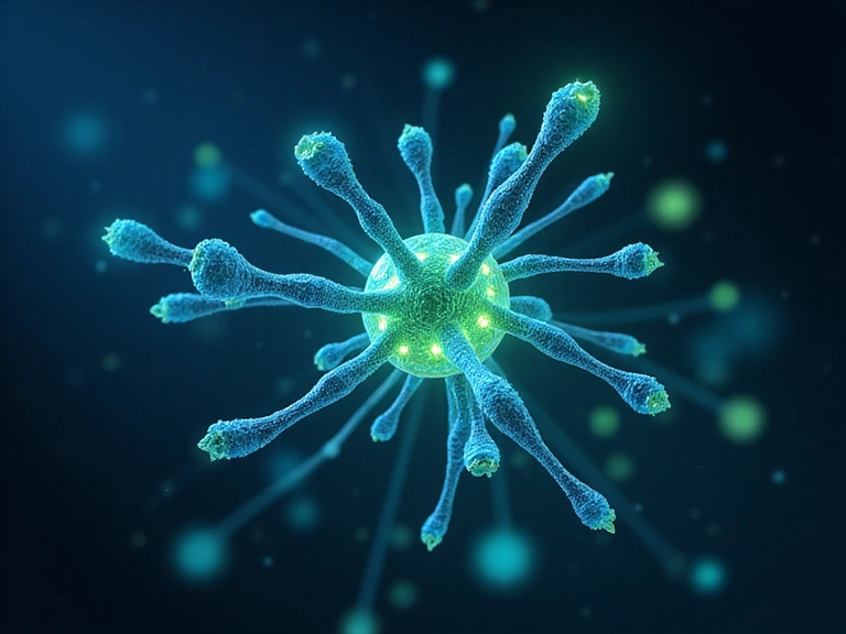 Abstract image representing cellular health or molecular structure with luminous blue and green elements against a dark background, conveying scientific precision and vitality.