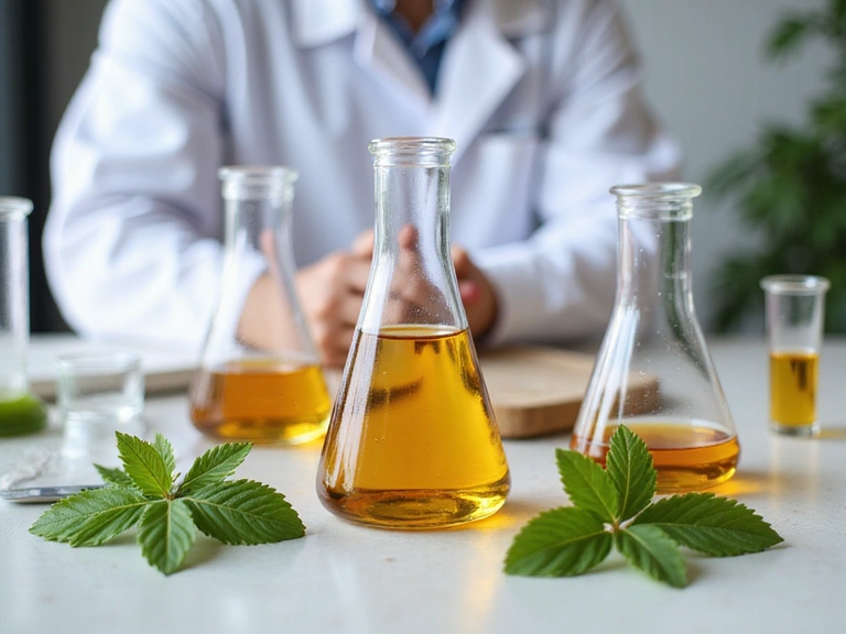 Image of natural plant extracts in laboratory beakers and test tubes, with a scientist's hands in the background, conveying a sense of precision and scientific rigor. Clean, professional, no text.