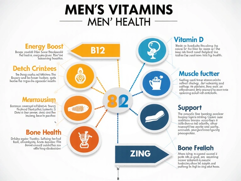 A detailed infographic illustrating the benefits of various vitamins for men's health.
