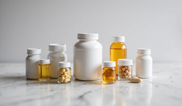 A close-up of various supplement bottles and capsules on a clean surface.