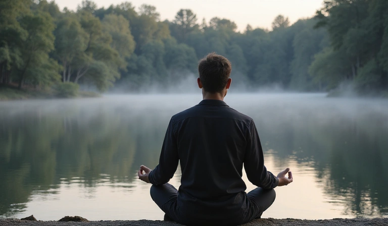 A serene man meditating in a natural, peaceful setting.