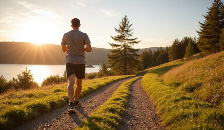 A person running outdoors on a scenic trail, conveying active lifestyle.