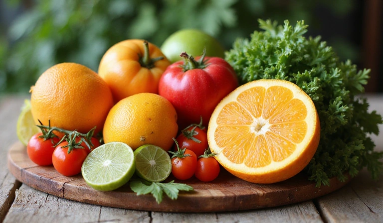 A variety of fresh, colorful fruits and vegetables arranged artfully.