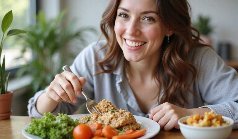 A person enjoying a healthy meal, bright and natural.