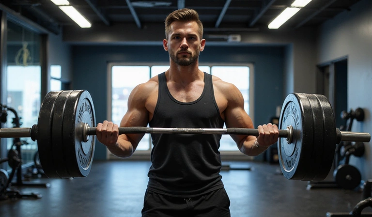 Man lifting weights in a gym, demonstrating strength and focus.