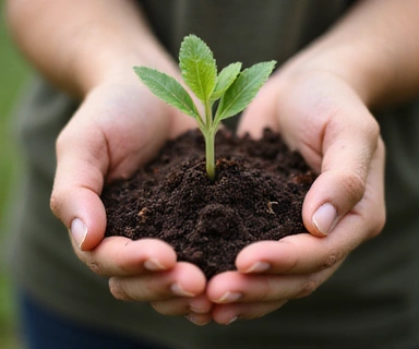 Hands holding a sprouted plant, symbolizing growth and renewal, natural, no text