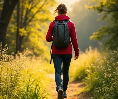 Person enjoying a walk in nature, vibrant, active, no text