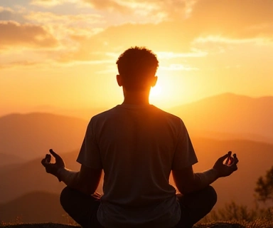 Serene image of a man practicing mindfulness or light stretching outdoors, calm, healthy, no text