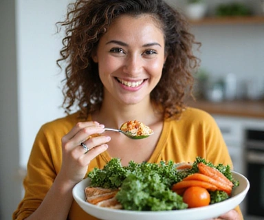 Woman enjoying a balanced meal with fresh ingredients, smiling, healthy, no text