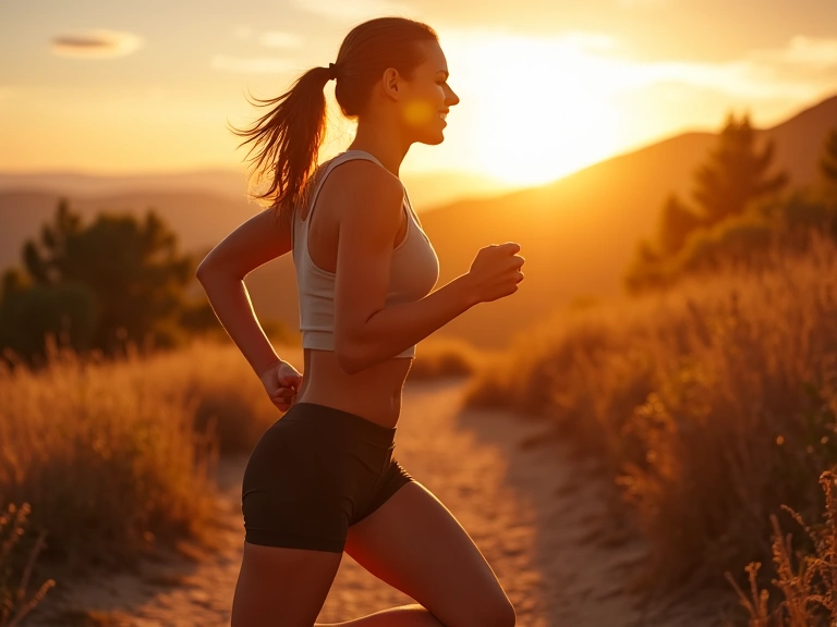 Close-up of a woman confidently running on a trail, sun setting, no text