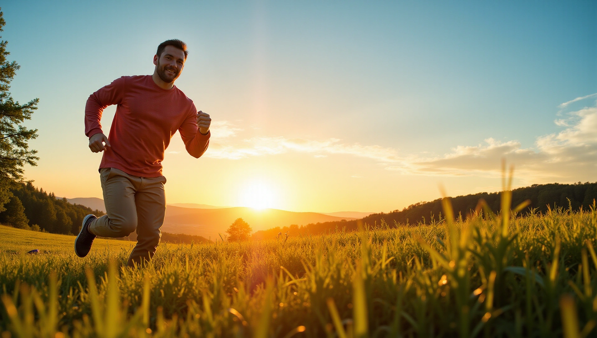 Dynamic image of a man running in nature, vibrant, energetic