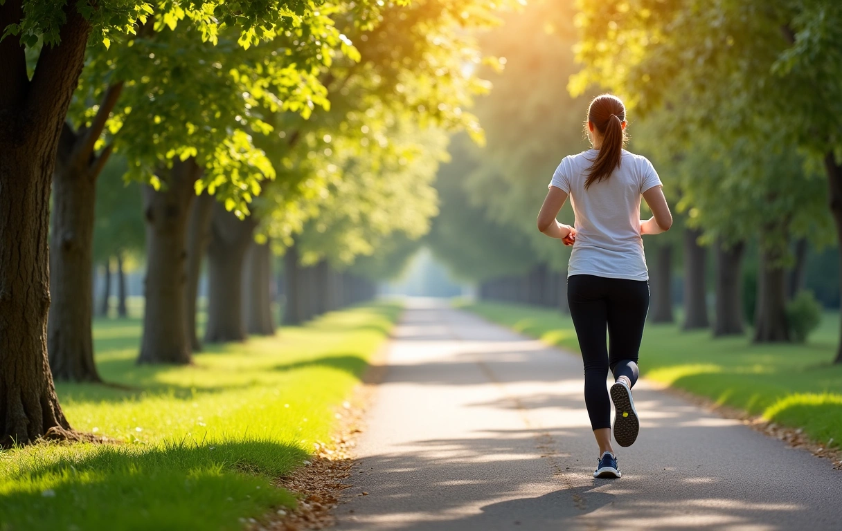 A person jogging through a scenic park with lush greenery, showing vitality and movement