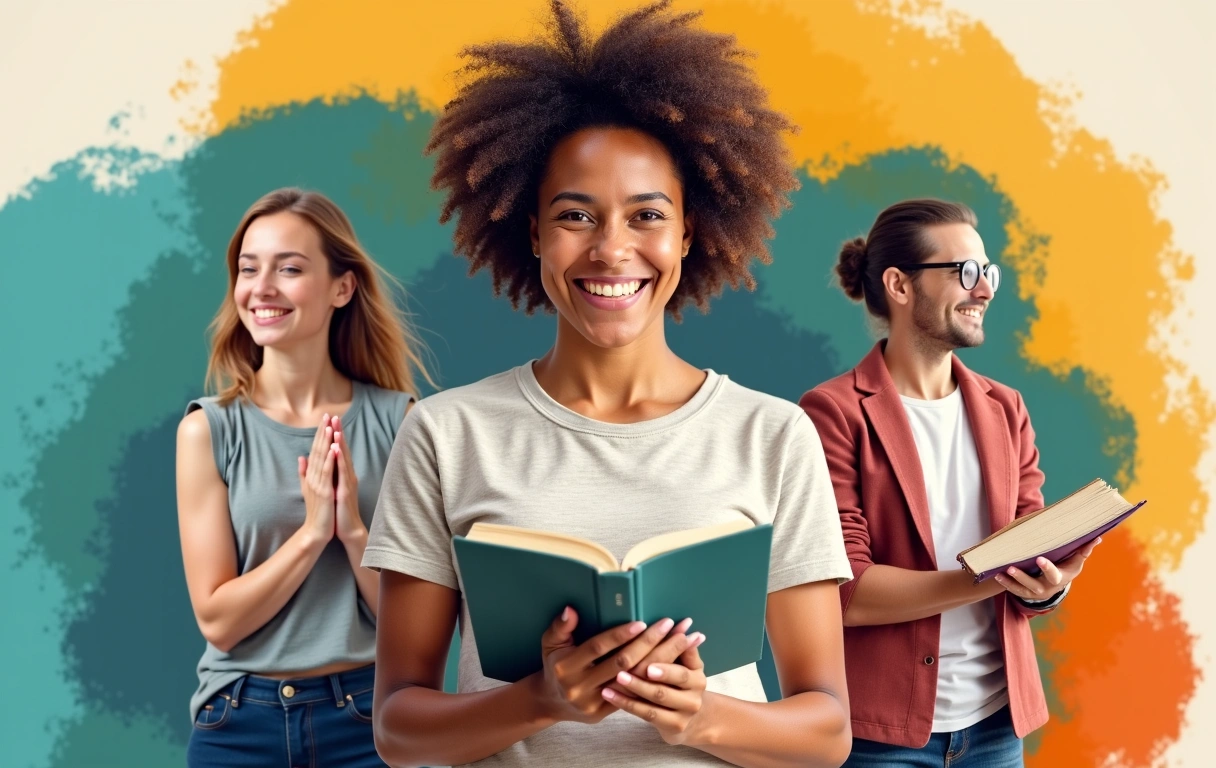 A vibrant collage showing a person exercising, reading, and smiling, representing holistic well-being
