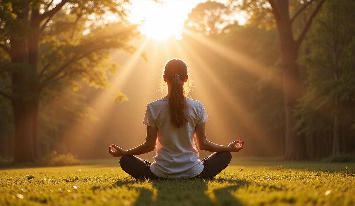 A person meditating in a peaceful, sunlit setting, embodying calm and wellness