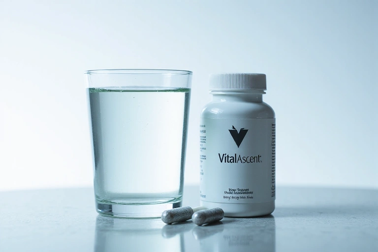 A glass of water with VitalAscent product bottle and capsules, emphasizing healthy consumption.