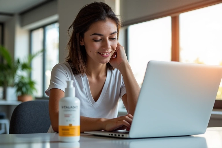 Person feeling energetic and productive, working on a laptop with a VitalAscent product bottle nearby.