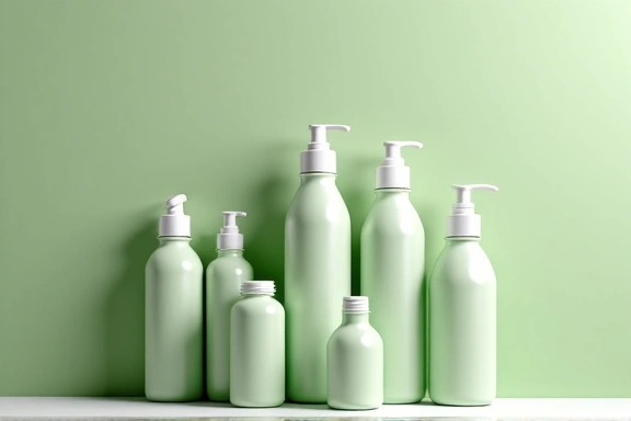 Clean, minimalist image of various product bottles arranged aesthetically, green and white, no text