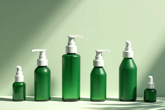Clean, minimalist image of various product bottles arranged aesthetically, green and white, no text