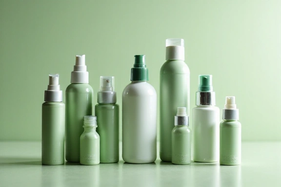 Clean, minimalist image of various product bottles arranged aesthetically, green and white, no text