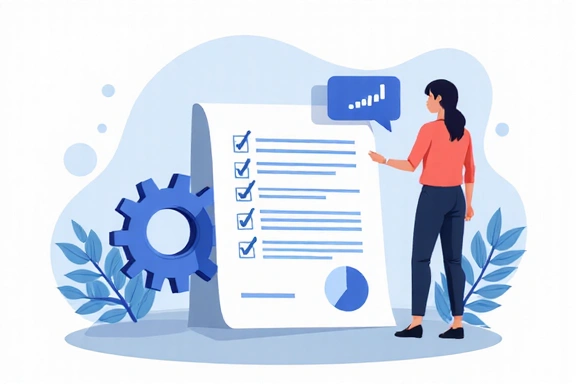 Illustration of user rights with a person standing by a document and gears