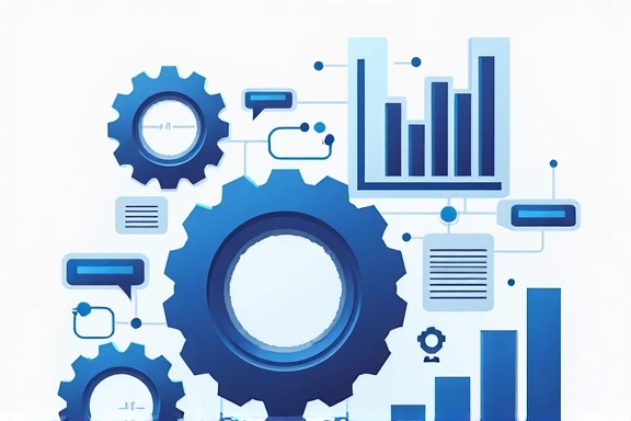 Illustration of data processing and analysis with gears and charts