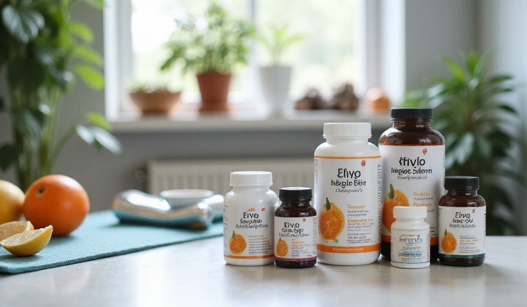 Bottles of health supplements with a blurred background of a healthy lifestyle